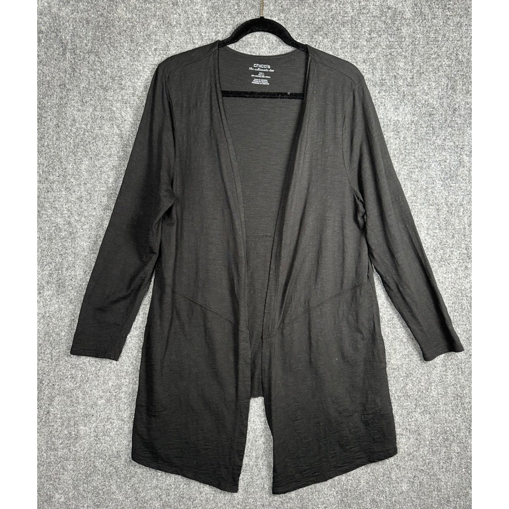 Chicos Open Cardigan Black Large Ultimate Tee Open‎ Front Slub Knit Pockets - Picture 4 of 10